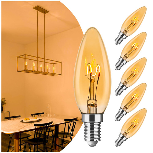 AMDTU E12 Candelabra Light Bulbs 20W 25W Replacement, Super Thin Filament E12 LED Light Bulbs Dimmable, Chandelier Candle Light Bulb 2000K Soft Warm, Amber Candelabra Type B Lightbulb 2W, 120V 6pack