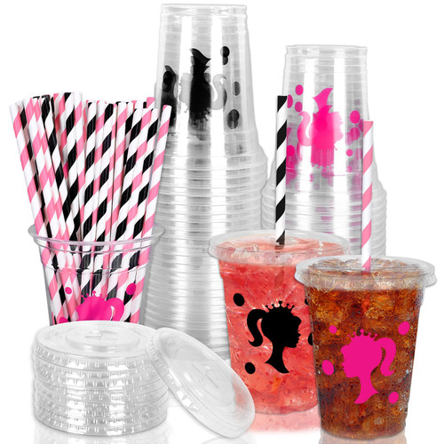 Whaline 50Pcs Black Pink Girl Disposable Plastic Cups with Lids and Straws 12oz Cute Girl Princess Theme Party Cups Cold Beverage Drinking Cups for Wedding Birthday Bridal Baby Shower Party Favors