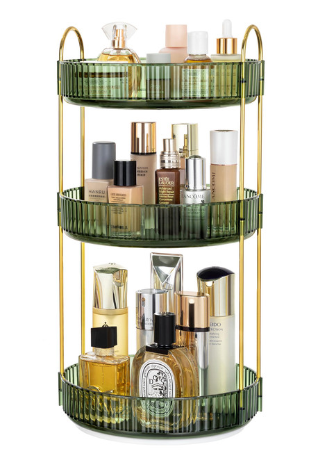 Vorey 360 Rotating Makeup Organizer 3 Tier Bathroom Organizer Spinning Perfume Organizers, Skincare Organizers Dresser Organizer Makeup Carousel Cosmetic Brush Storage for Vanity, Countertop, Green
