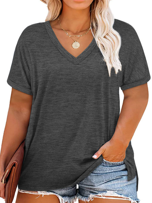 Women's Plus Size Tops Summer 4X Cute V Neck T Shirts Basic Tee Drak Gray 26W