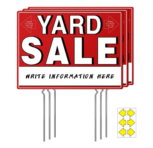 Tystuvyt Yard Sale Sign, 17" x 13" ?Garage Sale Sign with Stakes Double-Sided, Garage Sale Sign with Arrow Stickers, Garage Sale Signs with Metal Stakes,WEATHER-PROOF, (3 Pack)