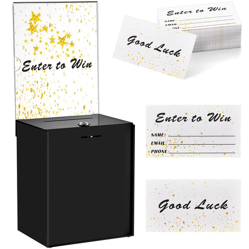 Teling Tall Acrylic Donation Box with Lock and Sign Plate Safe Suggestion Box with 100pcs Raffle Tickets Cards for Raffle, Money, Voting, Charity, Suggestion (Black)