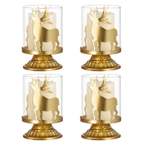 Sziqiqi Gold Deer Candle Holders - Metal Pillar Candle Holders Set Vintage Centerpieces 4 Pieces for Christmas Table Mantle Decoration