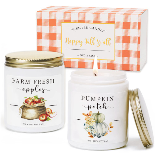 Pumpkin Spice and Apple Cider Candle, Fall Candle Gift Set Fall Decor for Home, Thanksgiving Gift, Thanksgiving Scented Candles (7oz, 2 Pack)