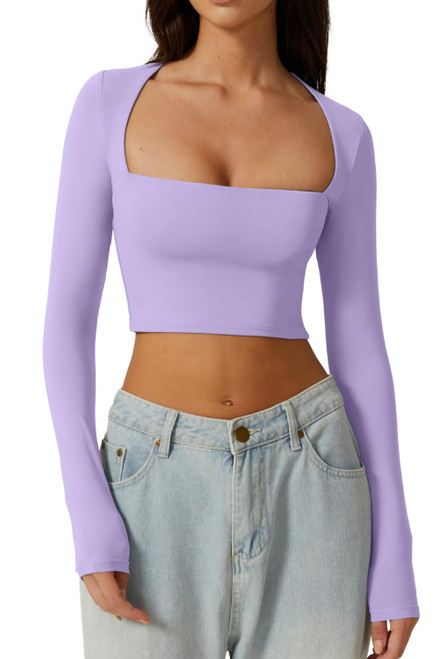 QINSEN Women's Sexy Square Neck Crop Top Long Sleeve Slim Fit Cropped T Shirts Purple XS QINSEN Women's Sexy Square Neck Crop Top Long Sleeve Slim Fit Cropped T Shirts Purple XS
