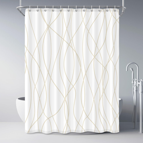 Punkray Beige Khaki Shower Curtain for Bathroom with Hooks, Extra Long Shower Curtain Set Stripe Bath Curtains Decorative White Shower Curtains Weighted Hem Water Repellent Washable, 72x84
