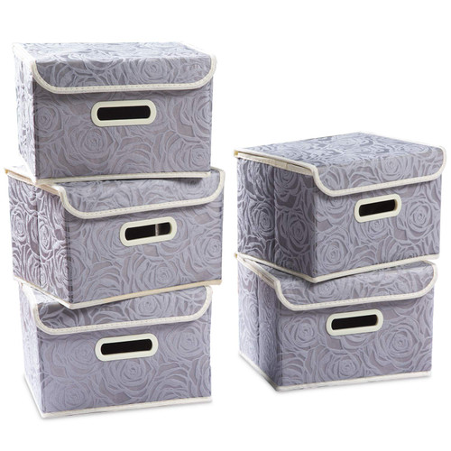 PRANDOM Stackable Storage Boxes with Lids [5-Pack] Fabric Decorative Storage Bins Cubes Organizer Containers Baskets with Cover Handles Divider for Bedroom Closet Living Room Grey 9.8x7.9x6.7 Inch