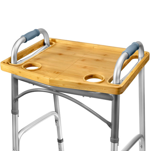 Walker Tray Table with Cup Holder Mobility Table Tray for Folding Walkers Foldable, Portable Multipurpose Bamboo Tray for Eating, Crafts, Laptops Medical Equipment Accessories - 21x16"