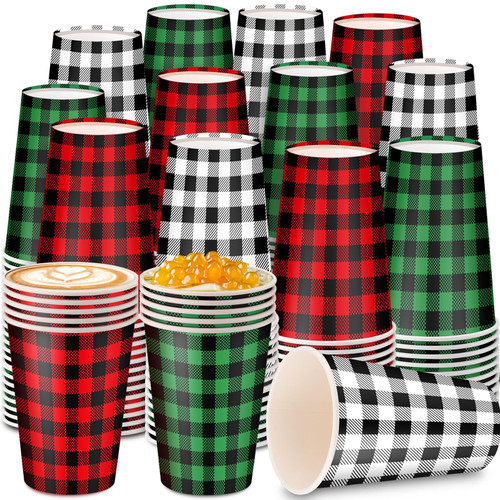 Maxcheck 300 Pieces 12 oz Christmas Disposable Cups Green Red White Buffalo Plaid Paper Coffee Cups for Hot Cold Beverage Chocolate Tea Cocoa, Xmas Holiday Table Decorations