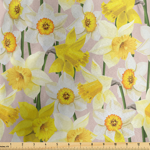 Lunarable Daffodil Fabric by The Yard, Gentle Nature Theme Blooming Spring Season Realistic Romantic Bedding Plants, Decorative Satin Fabric for Home Textiles and Crafts, 2 Yards, Yellow Green