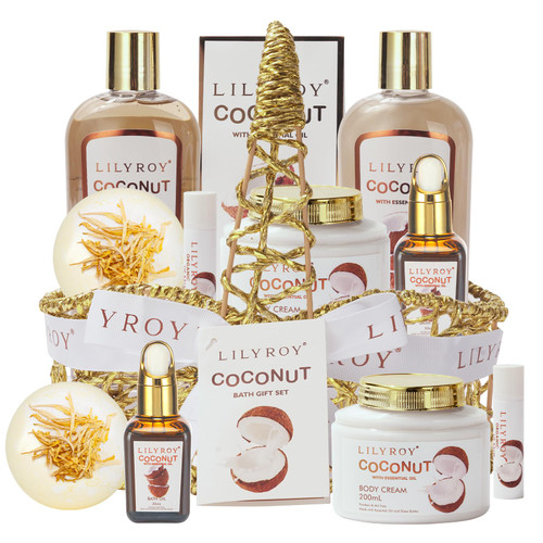 LILY ROY 8Pcs Bath Spa Gift Set for Women and Men Coconut Bath and Body Spa Gift Baskets Set Bath Spa Gift Set for Christmas Birthday Works Skin Care Gifts Set for Women Fathers Mother's Day Spa Kit