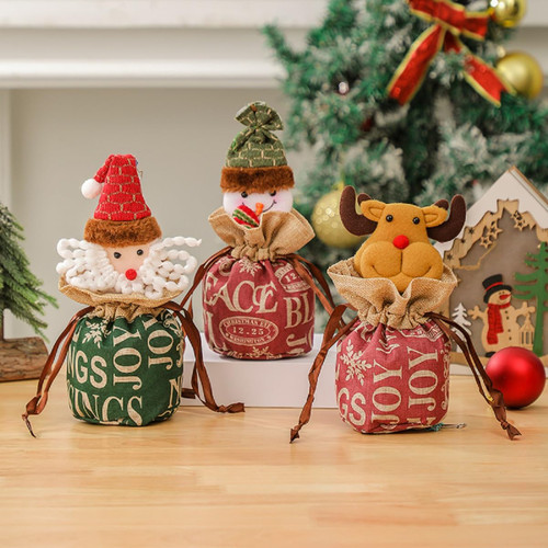 Insvog 3 Packs Christmas Gift Bags Reusable Christmas Santa Claus Snowman Elk Felt Doll Treat Bags Drawstring Xmas Character Wrapping Sacks Pouches for Holiday Presents Treats Candies Cookie Gifts