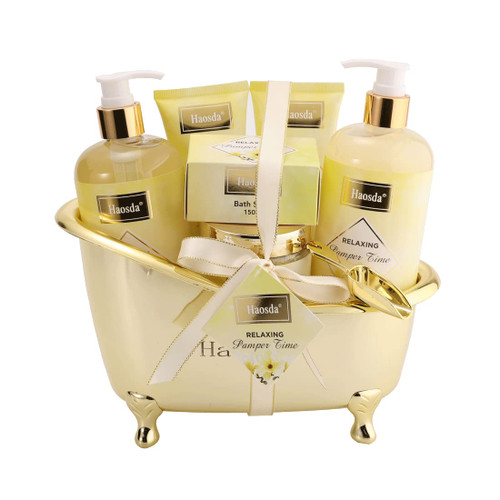 Bath Set for Women - Gift Basket Includes Shower Gel, Shampoo, Body Lotion, Body Scrub, Bath Saop, Bath Salt and Loofah Back Scrubber, Perfect Gifts Set for Home Relaxation (yellow)