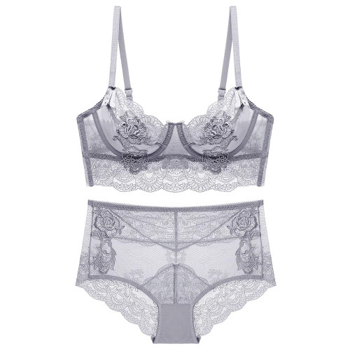 Guoeappa Women's Sexy Soft Lace Lingerie Set See Through Underwear Floral Lace Underwire Sheer Bra and Panty Set(Grey,36C)