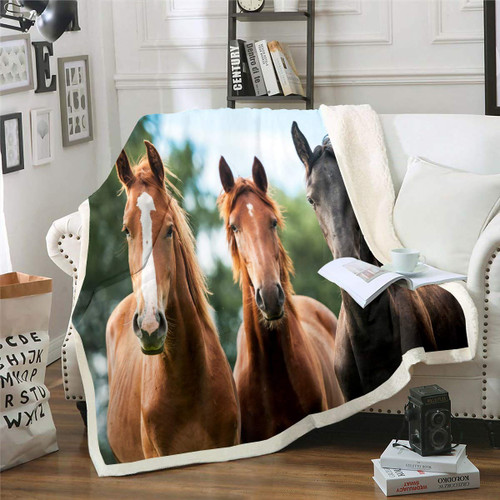 Feelyou Horse Fleece Blanket for Sofa Couch 3D Wild Animal Pattern Sherpa Throw Blanket Wildlife Style Decor Fuzzy Blanket Horses Printed Plush Blanket Queen 90"x90" Flannel Blanket
