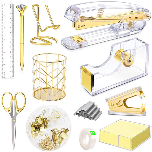 Gold Desk Accessories, Acrylic Stapler, Staple Remover, Tape Holder, Pen Holder, Ballpoint Pen, Scissor, Binder Clips, 1000pcs Staples, Phone Holder, Ruler, Transparent Glue and 300 Notes