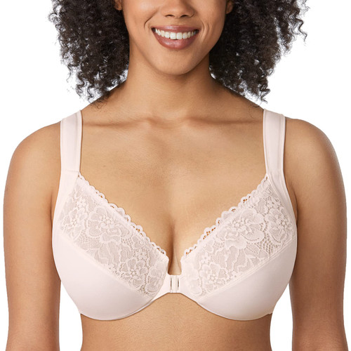 DELIMIRA Women's Front Closure Bras Plus Size Lace Full Coverage Underwire Unlined Bra Coconut White 46C