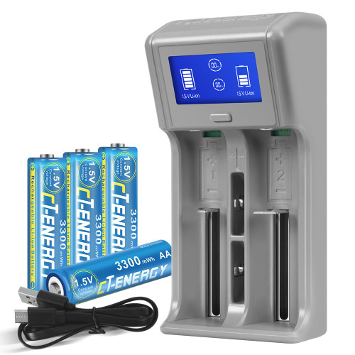 AA Rechargeable Batteries with Charger Kit,4 Pack CT-ENERGY 3300mWh Rechargeable Double AA Lithium Battery 1.5V,Smart Battery Charger AA AAA of Lithium/Ni-mh/Ni-cd AA Rechargeable Batteries with Charger Kit,4 Pack CT-ENERGY 3300mWh Rechargeable Double AA Lithium Battery 1.5V,Smart Battery Charger AA AAA of Lithium/Ni-mh/Ni-cd