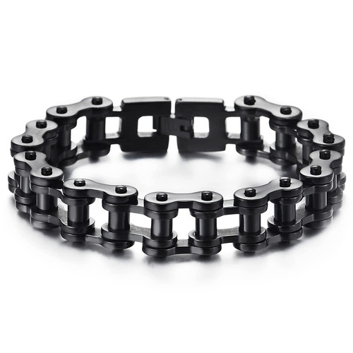 COOLSTEELANDBEYOND Classic Mens Bike Chain Bracelet Stainless Steel Black Color Polished