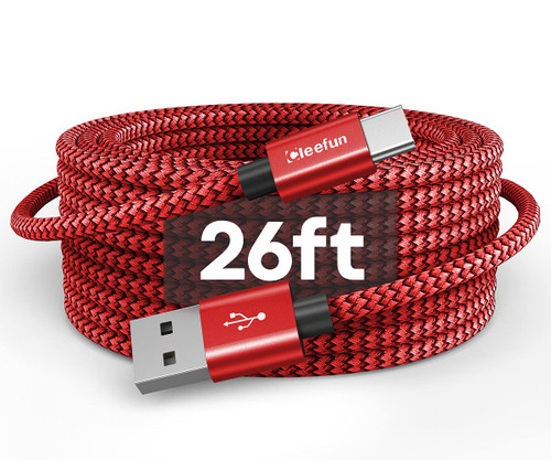 CLEEFUN Extra Long USB Type C Cable, 26ft (8m) USB A 2.0 to USB C Cable Nylon Braided Charging Cord Compatible with PS5 Controller, Galaxy, Pixel & More USB-C Charger - Red