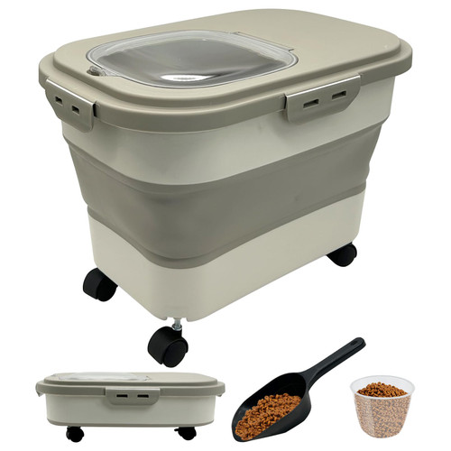 VCEPJH Collapsible Dog Food Storage Container 20 Lb Pet Food Storage with Wheel Scoop Measuring Cup Airtight Cat Food Containers Dry Food Sealed Bucket Kitchen Rice Cereal Flour Holder Bin (Khaki)