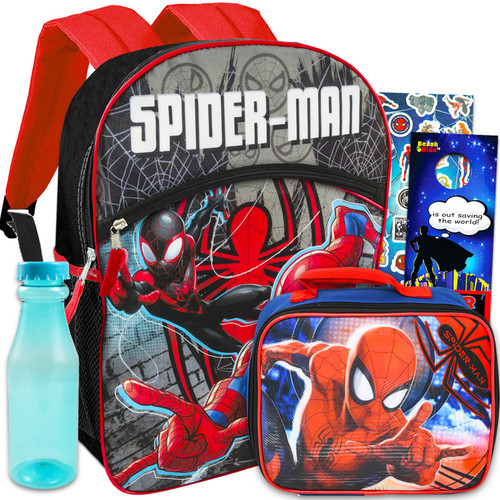 Marvel Spiderman Backpack With Lunch Box ~ 5 Pc Back to School Bundle With 16" Spiderman School Bag For Boys, Girls, Kids, Lunch Bag, Water Bottle, And More