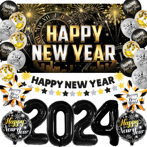 KatchOn, New Years Eve Party Supplies 2024 Set - Big, Pack of 25 | Black and Gold Happy New Year Banner, 2024 Balloon Numbers, New Year Foil Balloons | NYE Decorations 2024, New Years Decorations 2024