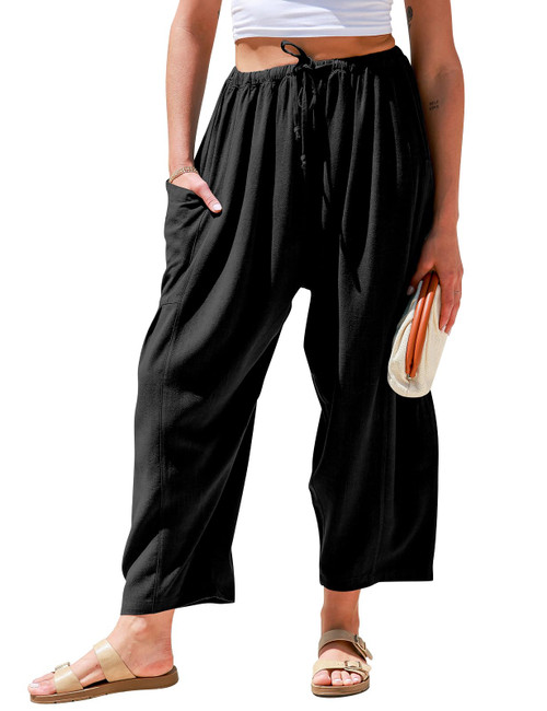 TARSE Womens Linen Wide Leg Pants Casual Loose Drawstring Low Waist Beach Palazzo Harem Pants with Pockets(Black,L)