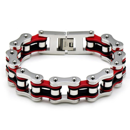 Qiaonitu Jewelry 16mm Heavy Mens Biker Bracelet Stainless Steel Motorcycle Bike Chain Bracelets 7-9.4 inch (Silver-Red, 20)