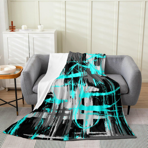 Feelyou Teal Black Grey Plush Throw Blanket, 40"x50" Kids Abstract Art Flannel Fleece Blanket for Sofa Couch Boys Teens Modern Striped Art All Season,Bed Blanket Breathable Geometric
