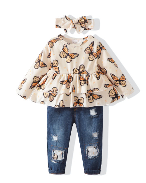 XUANHAO 12 Month Girl Clothes Girl 12 Months Baby Girl Winter Outfits Denim Long Sleeve Pant Sets Ruffle Shirt Butterfly Tops Jeans Ripped Pants Fall Baby Clothes Girl 12-18 Months
