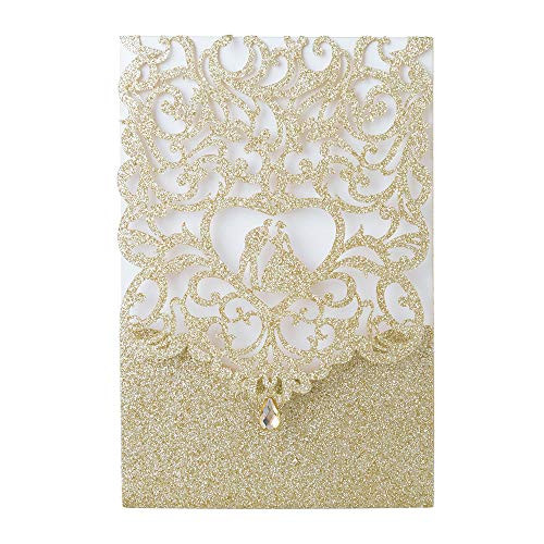 Laser Cut Wedding Invitations with Envelopes with Blank Printable Paper - 25pcs Gold Glitter 4.7'' x 7''Laser Cut Wedding Invitations Cards with Rhinestone Kits for Wedding Bridal Shower Engagement