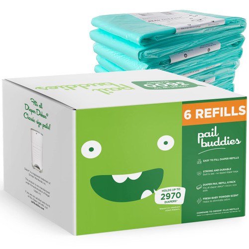 Pail Buddies Diaper Pail Refills | 6 Count | Compatible with Dekor Classic Diaper Pail | Strong, Durable Diaper Pail Refills with Fresh, Baby Powder Scent Pail Buddies Diaper Pail Refills | 6 Count | Compatible with Dekor Classic Diaper Pail | Strong, Durable Diaper Pail Refills with Fresh, Baby Powder Scent