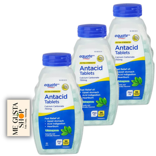 Equate Extra Strength Antacid Chewable Wintergreen Tablets, 750 mg, 96 Ct (Pack of 03) Total 288ct + Me Gustas Sticker