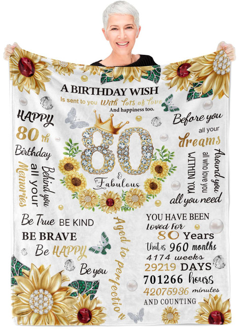 80th Birthday Gifts for Women, Sunflower Throw Blanket Birthday Gift for 80 Year Old Woman Birthday Blankets, 80th Birthday Gifts Ideas 80 Year Old Birthday Decorations Gift for Mum Grandma 50x60 Inch