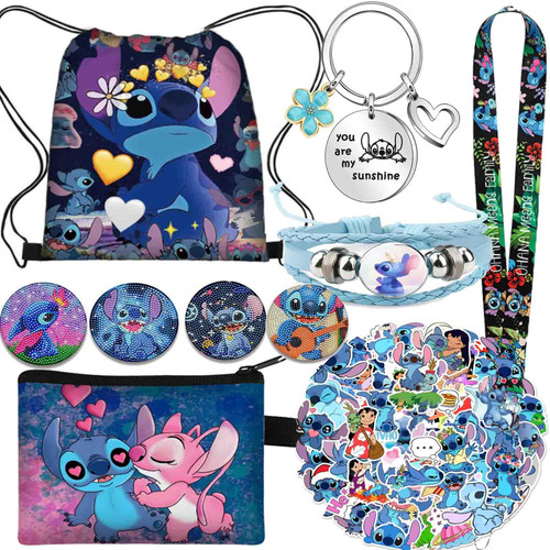 Herstar Stitch Stuff Merchandise Gift Set, Stitch Anime Drawstring Bag, Keychain, Keychain Lanyard, Purse, Bracelets, Sticker, Button Pins (B)