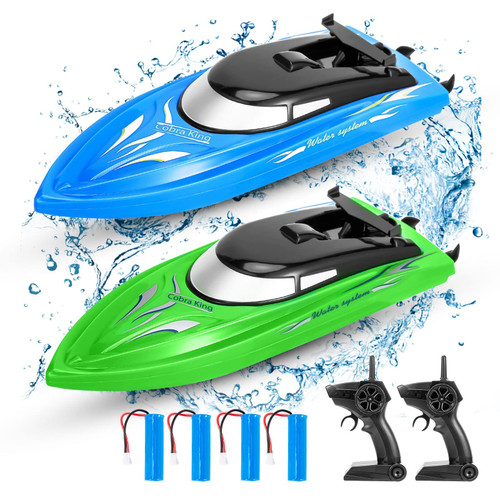 Geefia 2-Pack RC Boat - Remote Control Boats for Kids and Adults - 10km/H - 2.4G High Speed - Fast RC Boats for Pools and Lakes - 4 Rechargeable Batteries - Blue/Green