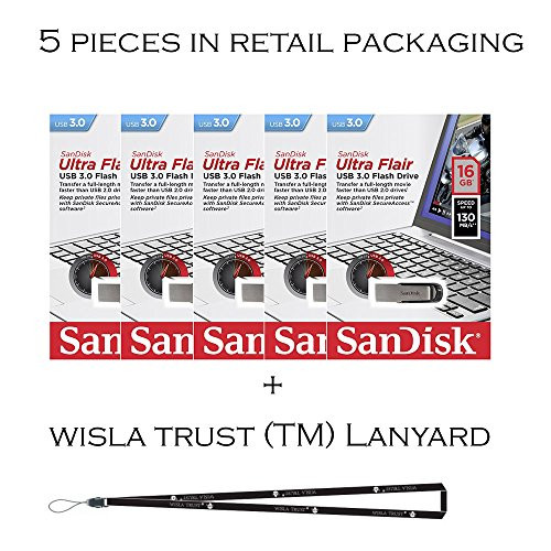 SanDisk Cruzer Flair 16GB (5 pack) SDCZ73-016G USB 3.0 130mb/s Flash Drive Jump Drive Pen Drive SDCZ73-016G - Five Pack + Bonus Wisla Trust (TM) landyard SanDisk Cruzer Flair 16GB (5 pack) SDCZ73-016G USB 3.0 130mb/s Flash Drive Jump Drive Pen Drive SDCZ73-016G - Five Pack + Bonus Wisla Trust (TM) landyard