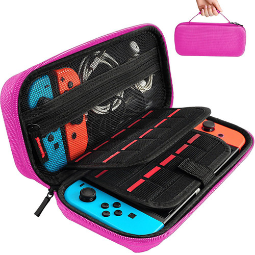 daydayup Switch Carrying Case Compatible with Nintendo Switch/Switch OLED, with 20 Games Cartridges Protective Hard Shell Travel Carrying Case Pouch for Console & Accessories, Rose Red