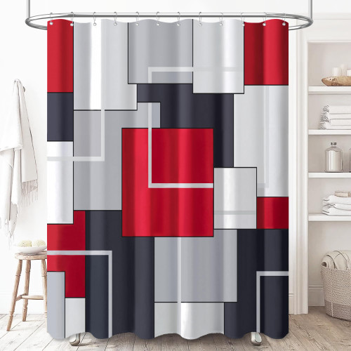 BTTN Extra Long Shower Curtain - 72 x 84 Inch Long Geometric Decorative Fabric Shower Curtain Set with 12 Plastic Hooks, Water Repellent, Large Hotel Modern Unique Shower Curtains for Bathroom - Red
