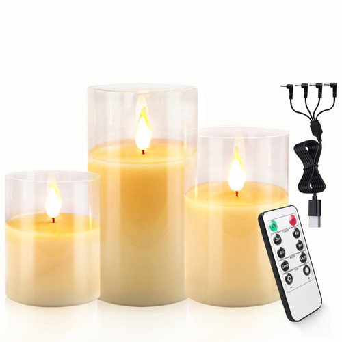 Autbye Flameless Candles Rechargeable Battery Operated Candles Ivory Dripless Real Wax Pillars LED Candles Flickering with 10-Key Remote Control