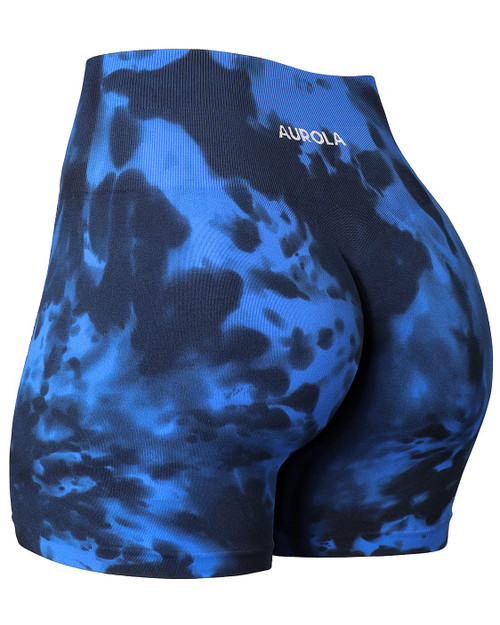 AUROLA Dream Tie Dye Workout Shorts for Women Seamless Scrunch Soft Active Shorts,Blue-Black Tie Dye,M