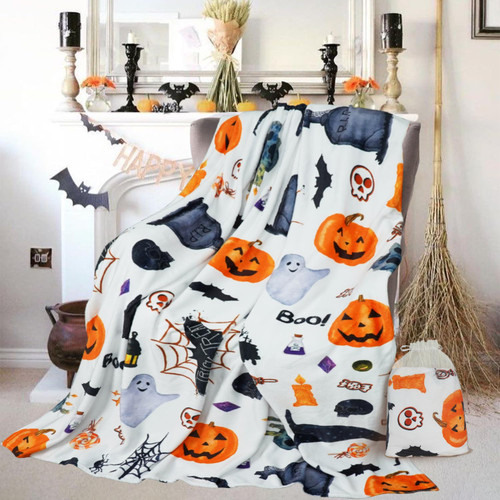 Apxucok Halloween Blanket White Haunted Throw Pumpkin Ghost Spooky Spider Webs Bat Black Cats Witch's Hat Skull Potions Flannel Halloween Fleece Blankets and Throws (50" x 60")