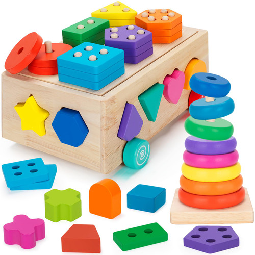 Aigybobo Montessori Toys for 1 Year Old, Baby Toy 12-18 Months, Wooden Shape Sorting & Ring Stacking Toys for Toddlers and Kids Preschool, Ideal Gift for Boys Girls 1 2 3 (Wooden Cart+Ring Stacker)