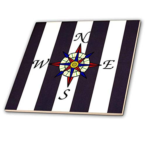 3D Rose Image of Nautical Compass on Sailor Blue and White Stripes Ceramic Tile, Multicolor