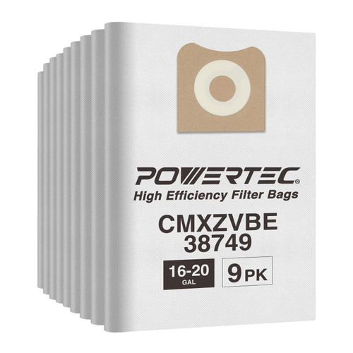 POWERTEC 75068-P3 9-Pack Filter Bags For Craftsman 16 to 20 Gallon Shop Vacuums, Replacement for #CMXZVBE38749 General Purpose Wet/Dry Vac Dust Collection Bags