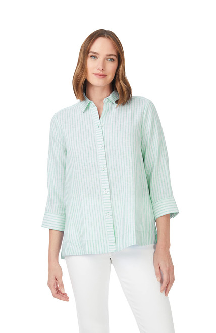 Foxcroft Women's Plus Size Harley 3/4 Sleeve Summer Stripe Blouse, SEA Mist