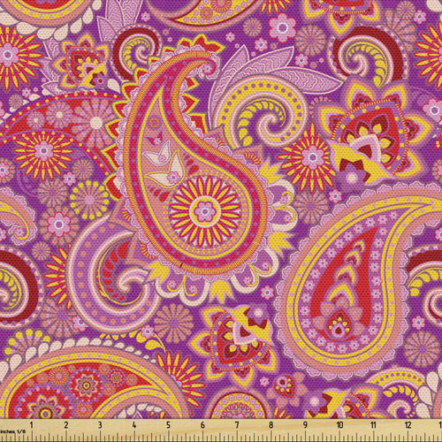 Lunarable Paisley Fabric by The Yard, Design Elements Traditional Floral Vintage Culture Ethnicity, Decorative Fabric for Upholstery and Home Accents, 3 Yards, Vermilion Purple