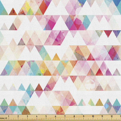 Lunarable Geometric Fabric by The Yard, Grunge Colorful Triangles and Chevron Zigzag Stripes Ornamental Abstract Pattern, Decorative Fabric for Upholstery and Home Accents, 3 Yards, Pale Pink