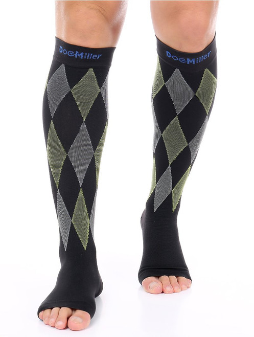 Doc Miller Open Toe Compression Socks 30-40 mmHg 1 Pair Medical Grade Stockings (BlackGrayGreen, Medium)